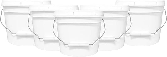 2-Gallon Bucket with Airtight Lid – Heavy-Duty Extra Durable Pail – Made in USA – Premium Quality HDPE – Food Grade – BPA Free – Metal Handle with Plastic Grip – Stackable – Multi-Use – White, 5 Pack