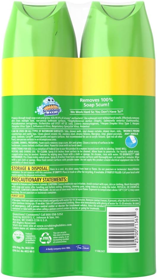 Scrubbing Bubbles Bathroom Grime Fighter Aerosol, Rainshower, 20 oz, 2 Count