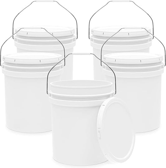 5-Gallon White Bucket Pail Container with Lid | Heavy-Duty Extra Durable | Metal Handles with Plastic Grip for Easy Carrying | Multi-Use | Easy Stack and Store | BPA Free - 5 Pack