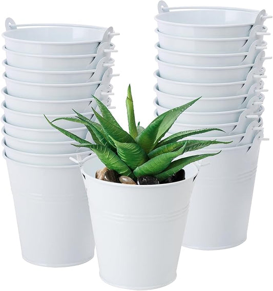 22 Pack 4 Inch White Mini Metal Bucket, Elegant Galvanized Buckets with Handles, Tin Buckets, Small Iron Bucket, Mini Metal Pail for Party Favors, Crafts, Garden & Beach