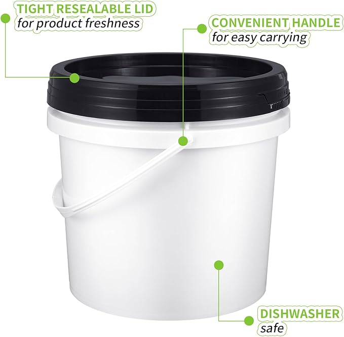 Gerrii 10 Pack White Plastic Bucket with Handle and Lid Food Storage Bucket Containers All Purpose Pail for Multipurpose Paint Water Art Crafts Projects Garage Organization (White, Black, 1.3 Gallon)