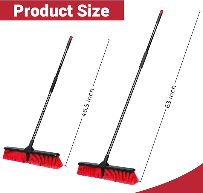 24" Push Broom with 63" Long Handle, Heavy Duty Broom for Floor Sweeping, Stiff Bristles Broom Brush for Workshop, Garage, Concrete, Patio and Deck