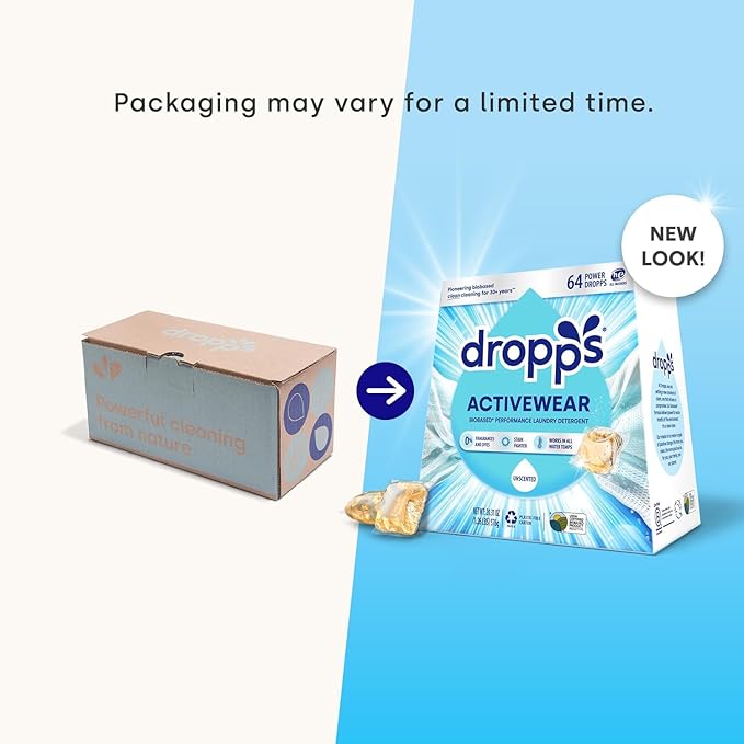 Dropps Activewear Laundry Detergent Pods, Unscented (64 Count) - Biobased Power Laundry Pods Fights Tough Stains & Odors, Sweat & Dirt - HE Compatible Laundry Supplies for Clean Sport Clothes