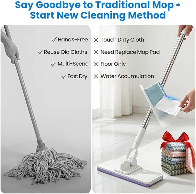 Disposable Dust Mop 34" Long Handle Wet & Dry Floor Mop, Retractable Gap Dust Cleaner with Locking Rotating Head for Hardwood, Tile & Multi-Surface Cleaning (1 Set with 5 Clothes)