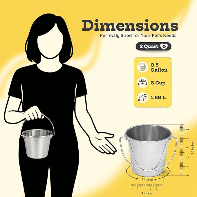 2 Quart Heavy Duty Stainless Steel Round Bucket with Handle | Fits kennel Cage Critter Crates Farm | Food & Water Pail for Small Pets Birds Dog Cat | Livestock Multipurpose use, Pack of 2
