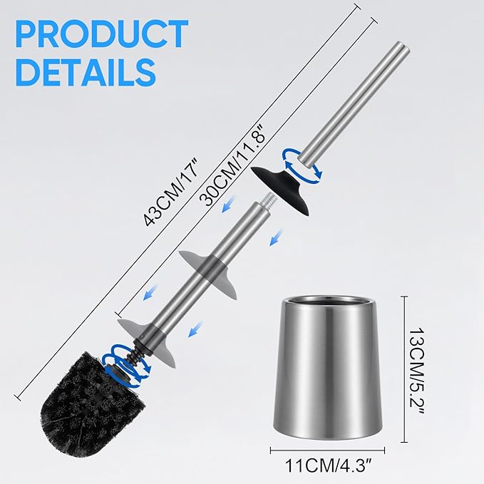 Stainless Steel Toilet Brush and Holder Toilet Brush and Cases Bathroom Bowl Cleaning Brush Double Layer Holder Long Brush Handle High Density Bristles Silver
