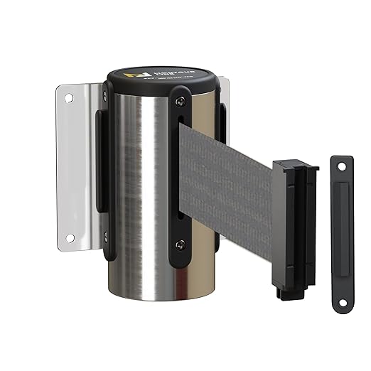 Montour Line WM115 Wall Mounted Retractable Belt Barrier with Standard Belt End, Fixed Mount, Polished Stainless Steel Casing (13 ft Dark Grey Belt)
