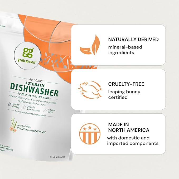 Grab Green Automatic Dishwashing Detergent Pods, 60 Count, Thyme Fig Leaf Scent, Plant and Mineral Based, Superior Cleaning, Powerful Grease Removal, Brilliant Shine