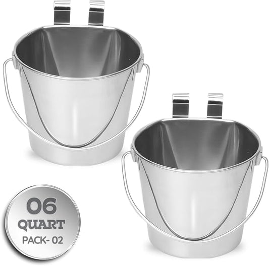 6 Quart Stainless Steel Flat Sided Bucket with Dual Hooks | 2 Pcs Food & Water Bowl for XL Dog Goat Cattle Horse & Livestock | Fits kennel Crate Cages Farm Hanging Pet Pail | Multipurpose