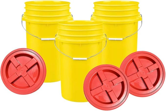 House Naturals Plastic Food Grade Made in USA Bucket with lid, Large 7 Gallon Container Comes with Screw On Lid (3, Yellow with Red lid)