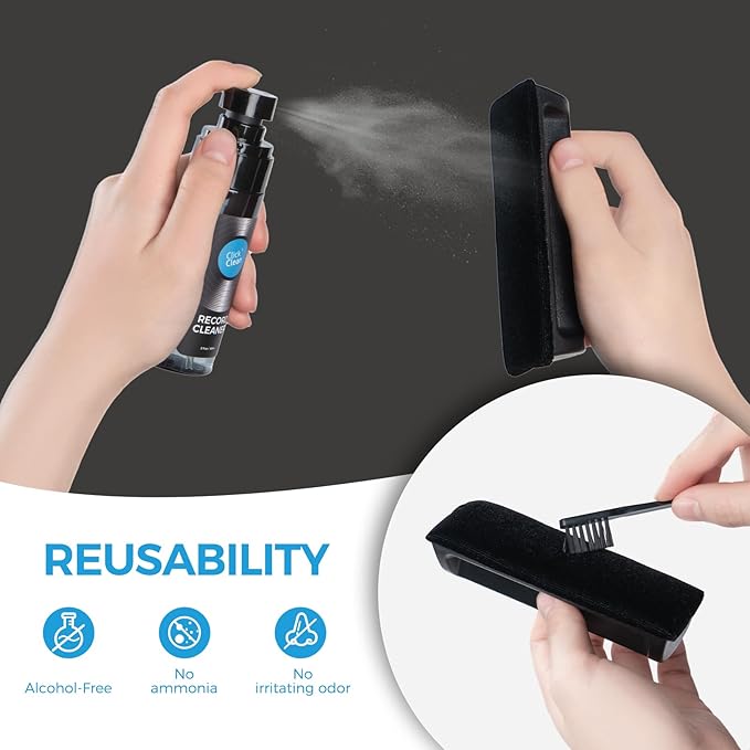 Click Clean 8 in 1 Vinyl Record Cleaning Kit - Velvet Cleaning Brush,Stylus Brush,0.21 oz Turntable Needle Cleaning Gel,2.1oz Cleaning Fluid,Mini-Microfiber Brush,Air Blower,Microfiber Cleaning Cloth