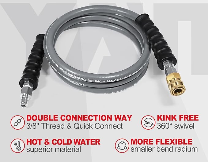 YAMATIC Non Marking 3/8" 4200PSI Pressure Washer Whip Hose 8ft with Swivel Quick Connect Jumper Hose for Hot/Cold Water Steel Wire Braided Rubber Jacket