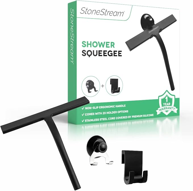 Original StoneStream Stainless Steel Shower Squeegee - Premium Quality Bathroom Squeegee with Non-Slip Handle and 2 Holders for Quick and Easy Cleaning of Glass, Tile, and Mirrors - Matte Black