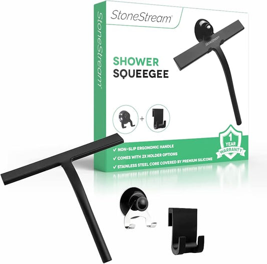 Original StoneStream Stainless Steel Shower Squeegee - Premium Quality Bathroom Squeegee with Non-Slip Handle and 2 Holders for Quick and Easy Cleaning of Glass, Tile, and Mirrors - Matte Black