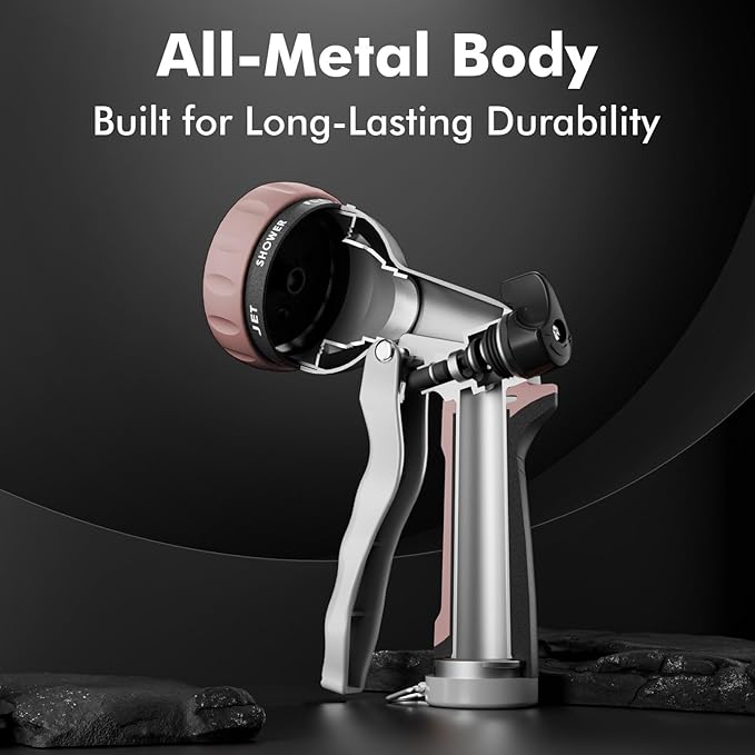 RESTMO Garden Hose Nozzle, Heavy Duty Water Hose Nozzle with 7 Adjustable Spray Patterns, High Pressure Hand Sprayer with Flow Control, for Watering Plants & Lawns, Washing Cars & Pets, Rose Gold