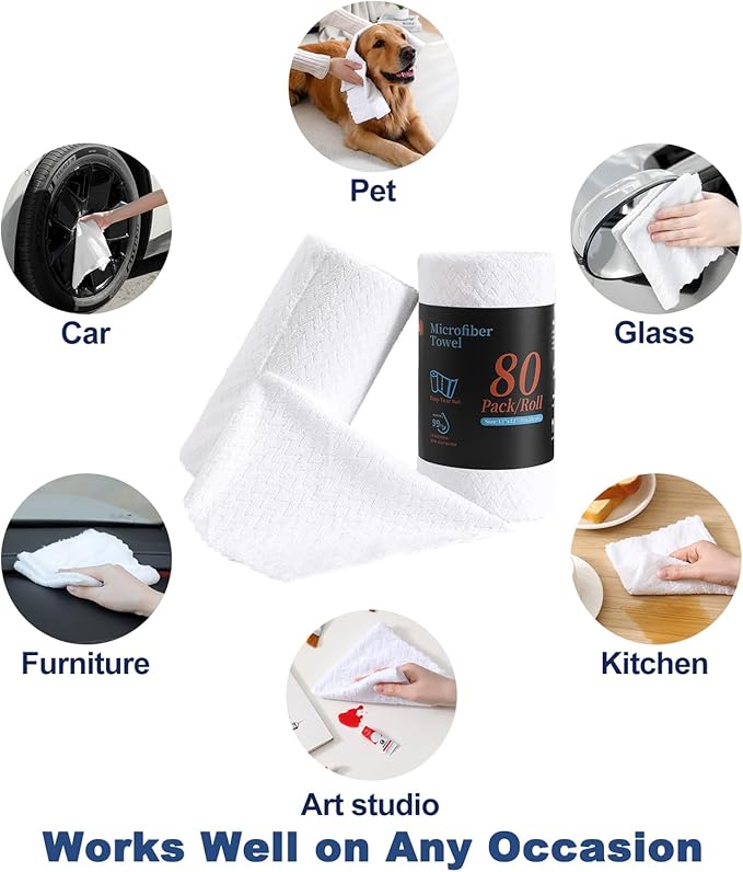 80 Pack Microfiber Cleaning Cloth Roll Reusable Paper Towels 12"x12" Tear Away Cloth,Absorbent Dish Rags for House Kitchen,Wash Cloths,Lint Free Rags for Window Cars Cleaning Supplies