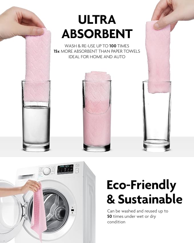 Fantasticlean Microfiber Cleaning Cloth Roll, 16" x 12"- 50 Sheets, Reusable Tear Away Microfiber Towels, Ultra Absorbent Dish Rags for Car, Home or Office (Pink Ripple)