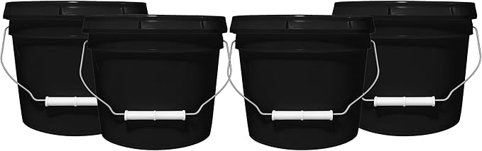 2-Gallon Bucket with Airtight Lid – Heavy-Duty Extra Durable Pail – Made in USA – Premium Quality HDPE – Food Grade – BPA Free – Metal Handle with Plastic Grip – Stackable – Multi-Use – Black, 4 Pack