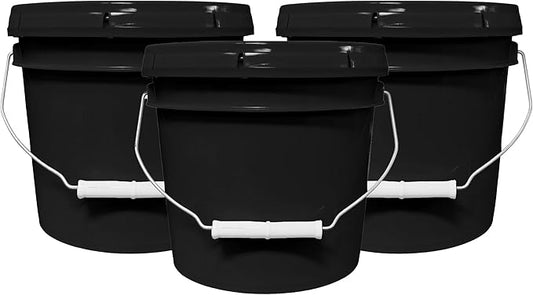 1-Gallon Bucket with Airtight Lid – Heavy-Duty Durable Pail – Made in USA – Premium Quality HDPE – Food Grade – BPA Free – Metal Handle with Plastic Grip – Stackable – Multi-Use – Black, 3 Pack