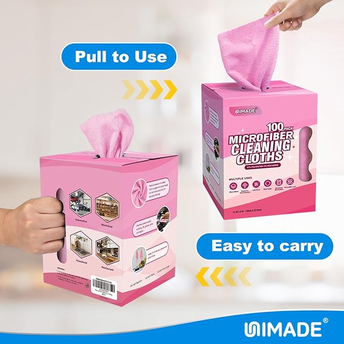 Microfiber Cleaning Cloth, 100 Sheets Microfiber Towels for Cars Commercial Grade Shop Towel Washcloths Lint-Free Bulk Cleaning Rags for Mechanic Restaurant Garage Housekeeping, 11"x 9", Pink