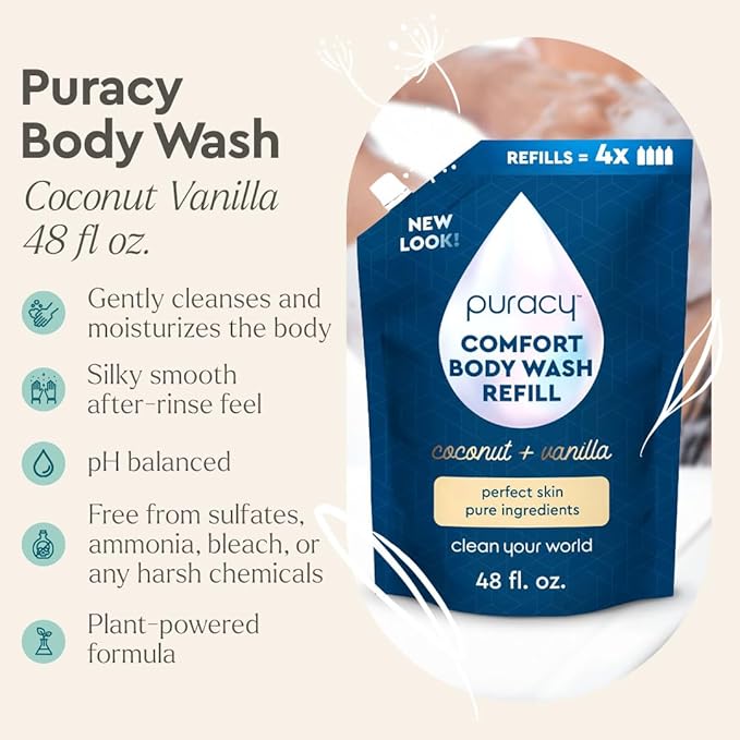 Puracy Body Wash - Natural Body Wash for Women, Men, Kids - Pure Plant Ingredients, Moisturizing Shower Gel, Body Soap for Dry Sensitive Skin, Gently Scented (Coconut Vanilla, 48 oz/1420 ml Refill)