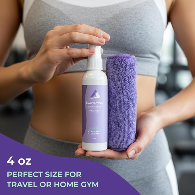 SwaytAway Travel Yoga Mat Cleaner Spray & Towel Kit, 4oz – Non Slip, No Rinse Plant-Based Lavender Essential Oil Mist for Gym, Pilates & Hot Yoga – Made in USA