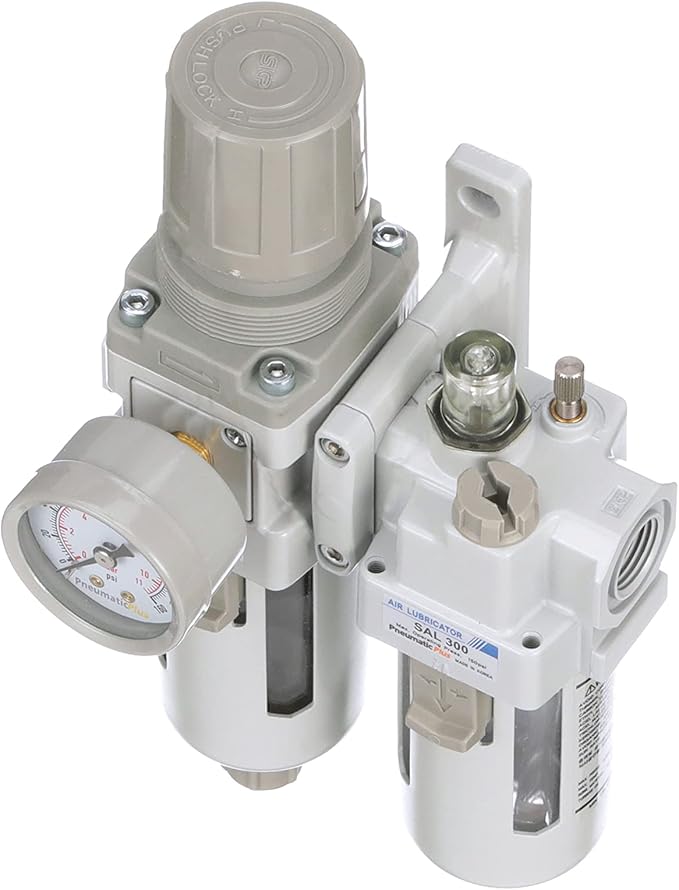 PneumaticPlus SAU310-N03G Compressed Air Filter Regulator Lubricator Piggyback Combo 3/8" NPT - Poly Bowl, Manual Drain, Bracket, Gauge