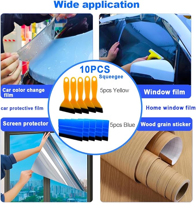 Black Felt Edge Squeegee Tool,Car Vinyl Film Wrapping Decal Glass Window Tint,Wallpaper Sticker Installation Spatula, Patching Putty Paint Flexible Small Plastic Scraper(Blue 5Pcs,Yellow 5Pcs)