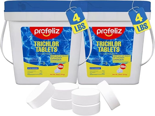 PROFELIZ Chlorine Tablets 3 Inch for Swimming Pools, Kills Bacteria and Stops Algae, Slow Dissolving,Individually Wrapped,Pool Chlorine Tablets, 2-Pack,4 lb per Bucket，8lb Total