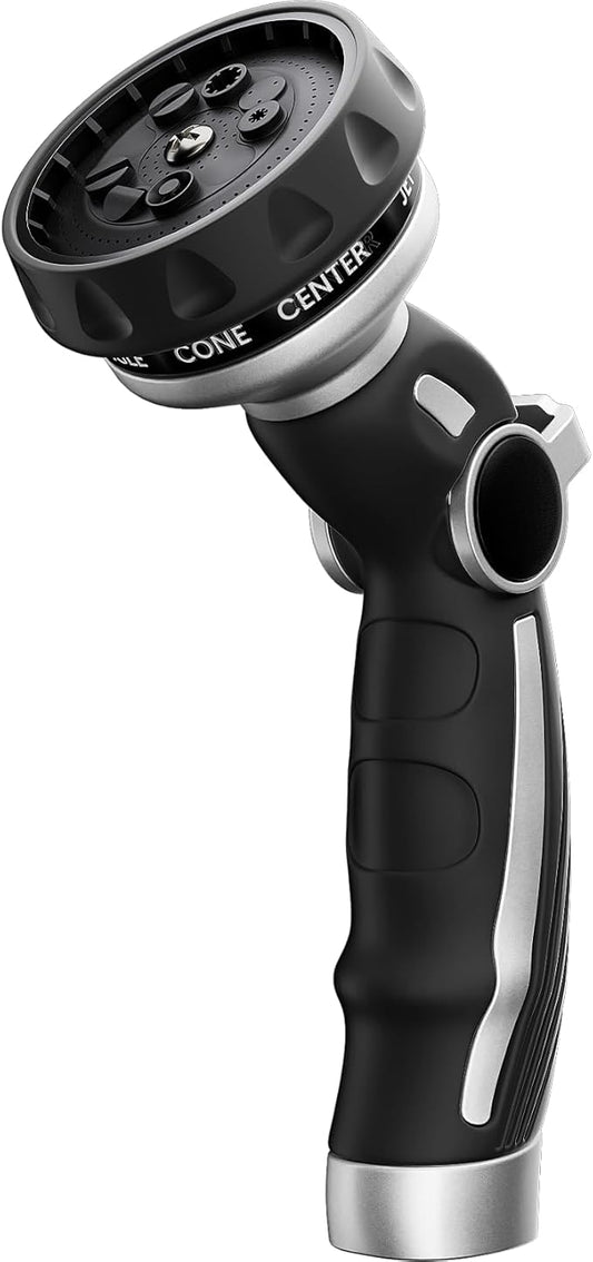 RESTMO Water Hose Nozzle, Metal Garden Hose Sprayer, Heavy Duty | 9 Spray Patterns | High Pressure | Thumb Flow Control, Ideal for Outdoor Lawn & Plant Watering, Car & Pet Washing, Silver