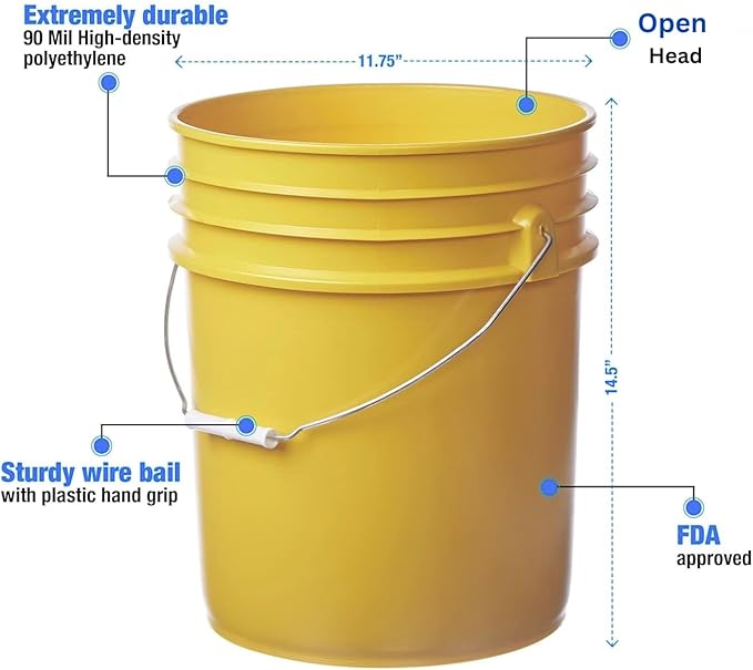 5 Gallon Food Grade Plastic Bucket, Open Head Pail with Handle, 12-3/8 in Diameter x 14-3/4 in Height (Yellow, 2 Pack)