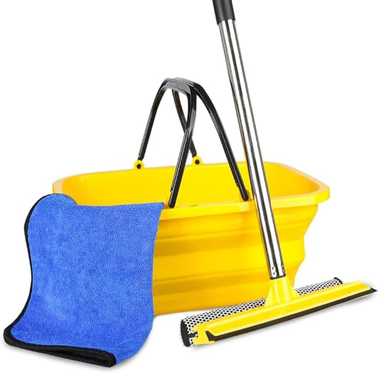 Windshield Car Squeegee and Collapsible Washing Bucket Combo Set, 2 in 1Window Squeegee with Long Handle