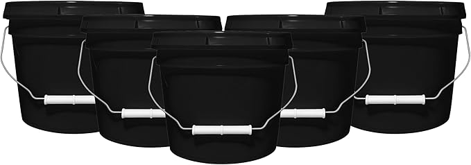 2-Gallon Bucket with Airtight Lid – Heavy-Duty Extra Durable Pail – Made in USA – Premium Quality HDPE – Food Grade – BPA Free – Metal Handle with Plastic Grip – Stackable – Multi-Use – Black, 5 Pack