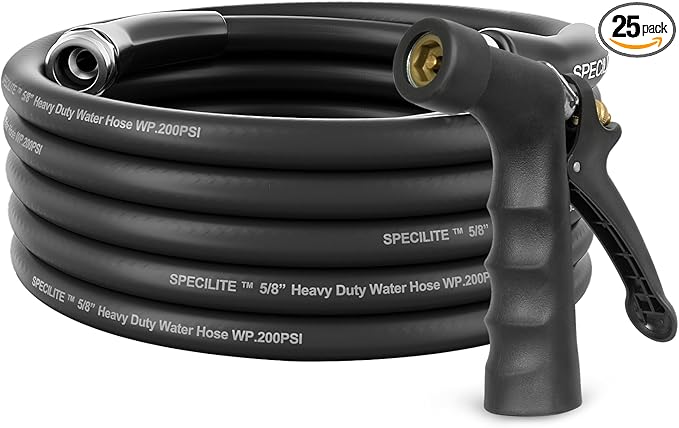 SPECILITE 5/8" Hot/Cold Garden Hose 25 ft with Industrial High Pressure Nozzle, Flexible & Lightweight, 600psi Burst Rubber Water hose -50℉-158℉ With 3/4"Stainless Steel Fittings for Yard, Black