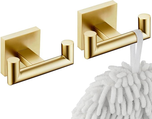 KOKOSIRI Robe Hooks Bathroom Double Towel Coat Hook for Bath Kitchen Wall Mounted, 2 Pack Brushed Gold Stainless Steel B1015BG-P2