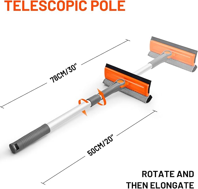 eazer Professional Window Squeegee, 2-in-1 Rotatable Squeegee for Window Cleaning Kit, Window Cleaner Tool, Window Washing Equipment Kit with Extension Pole (20''-30'') for Shower/Windshield - 2 Head