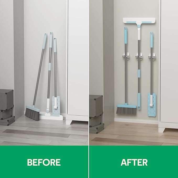 reliahom 5 Pack Broom Holder Wall Mount Mop Grippers No Drilling Self Adhesive Anti-Slip Mop Handle Hanger Dustpan and Broom Organizer Garage Storage Racks-White