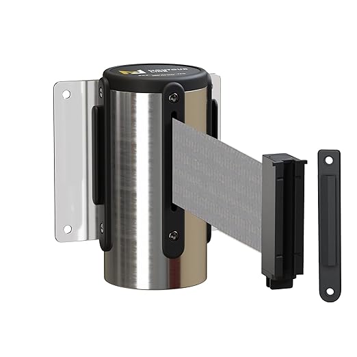 Montour Line WM115 Wall Mounted Retractable Belt Barrier with Standard Belt End, Fixed Mount, Polished Stainless Steel Casing (8.5 ft Light Grey Belt)