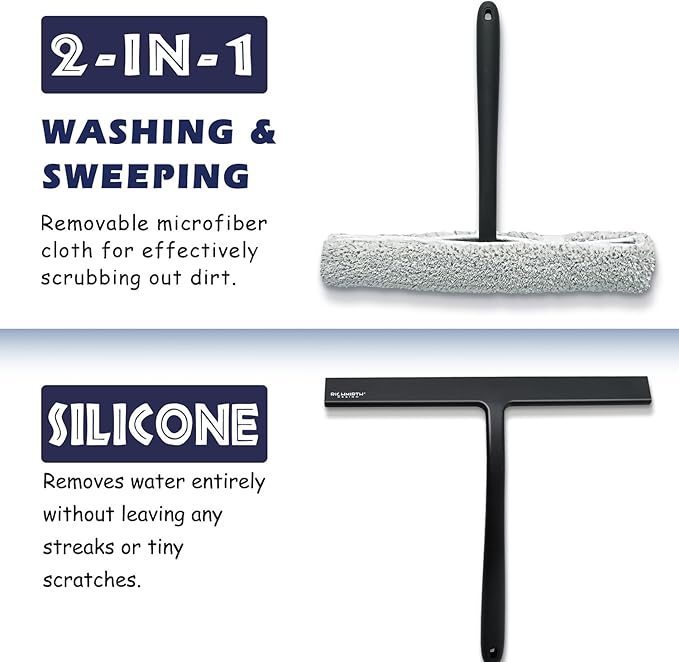 12 Inch Silicone Shower Squeegee for Glass Doors with Hook – Streak-Free Window Cleaner for Bathroom, Mirror, Tile & Car, No Scratch Squeegee with Metal Core (Black)