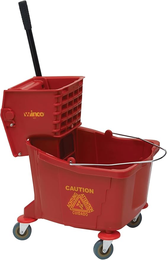 Winco Commercial Mop Bucket on Wheels, 36 Quart, Red