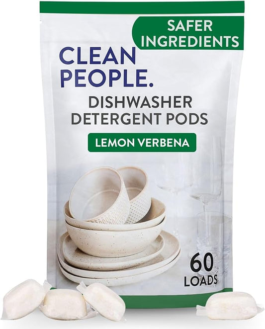The Clean People Dishwasher Pods - Cuts Grease & Rinses Sparkling Clean - Residue-Free - Phosphate Free Dishwashing Pods (60 Count, Lemon Verbena)