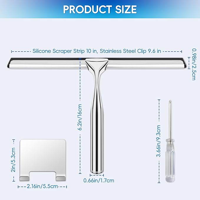 Shower Squeegee for Glass Doors,Stainless Steel Shower Door Squeegee,Windows, Mirrors, Car Windows, Tile Shower Walls, 10 Inch Silver,Durable Includes Shower Door Adhesive Hook