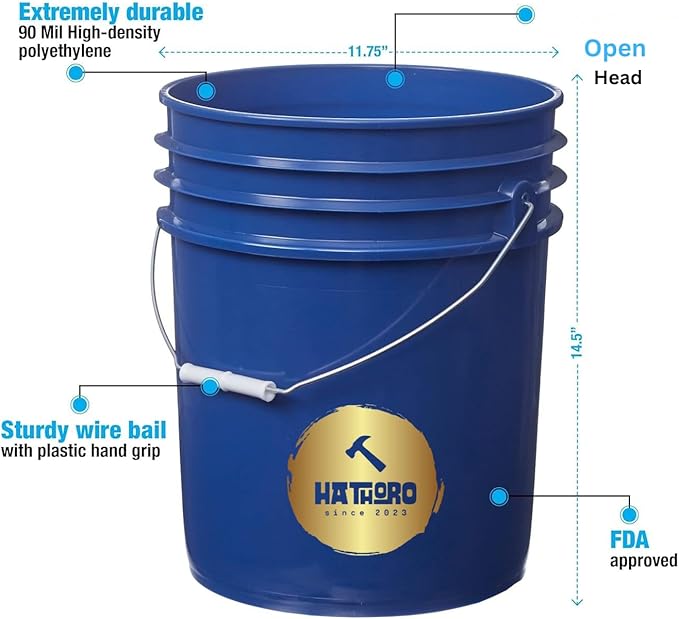 5 Gallon Food Grade Plastic Bucket, Open Head Pail with Handle, 12-3/8 in Diameter x 14-3/4 in Height (Blue, 2 Pack)