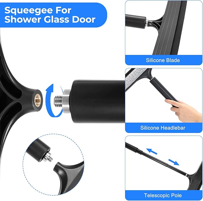 Shower Squeegee with Long Handle, Telescoping Window and Floor Extendable Squeegee for Shower Glass, Bathroom Surfaces, Mirrors, and Smooth Floors, Includes Replaceable and Washable Cloth Pads