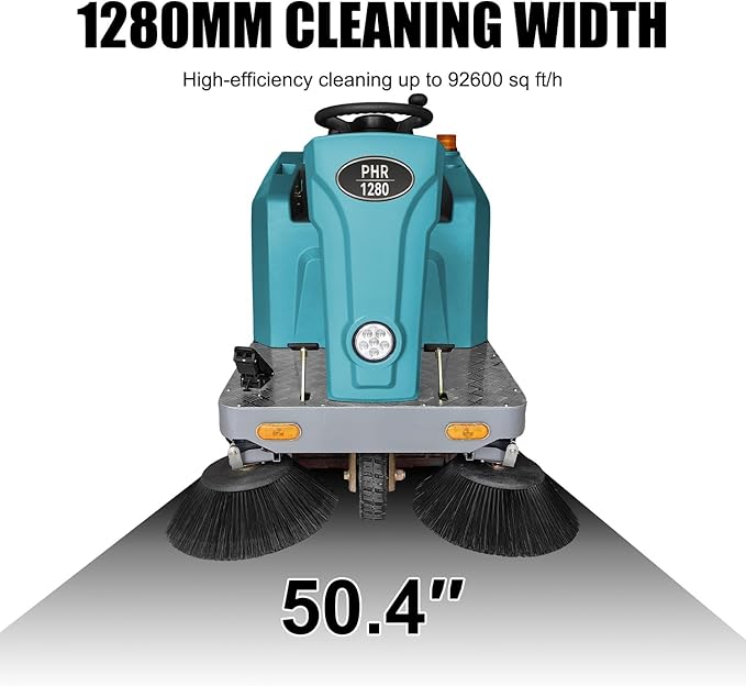 Ride on Floor Sweeper Machine 50.4" Clean Width 800W Brushless Motor Lithium Battery Powered 92600Sqft/h Efficiency, for Garages Warehouses Roads Schools Hospitals Malls,Blue