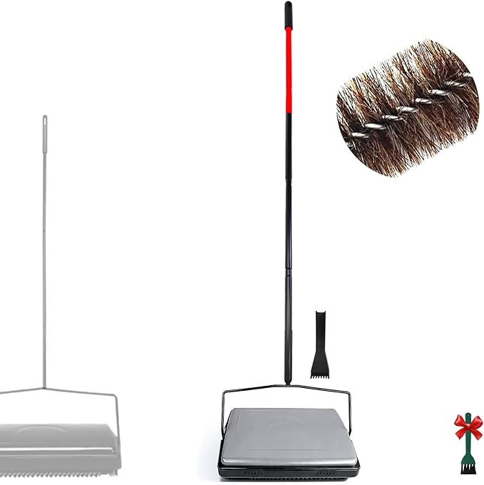 EZ SPARES Quiet Carpet Sweeper, Floor Sweeper with Horsehair Roller Brush Strong,Suitable for Carpet Cleaning Power,Bristle Sweeper,Great for House,Office,Kitchen,Carpet(Gray)