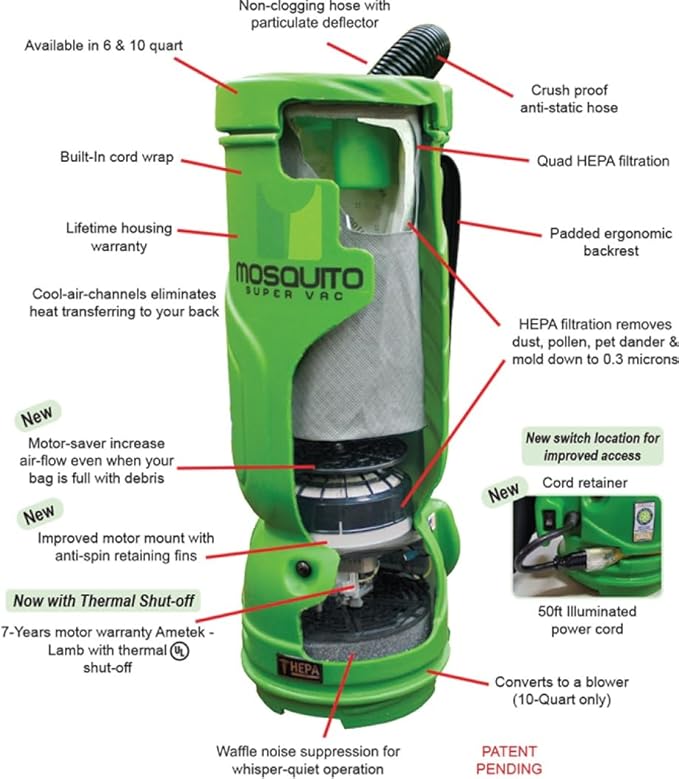Mosquito-America Super Vac Backpack Vacuum with HEPA Filtration (Model 06-1062-MG) - 6-Quart Capacity/Green/Smooth Glide Tool Kit Included. Great for Commercial or Residential Applications!
