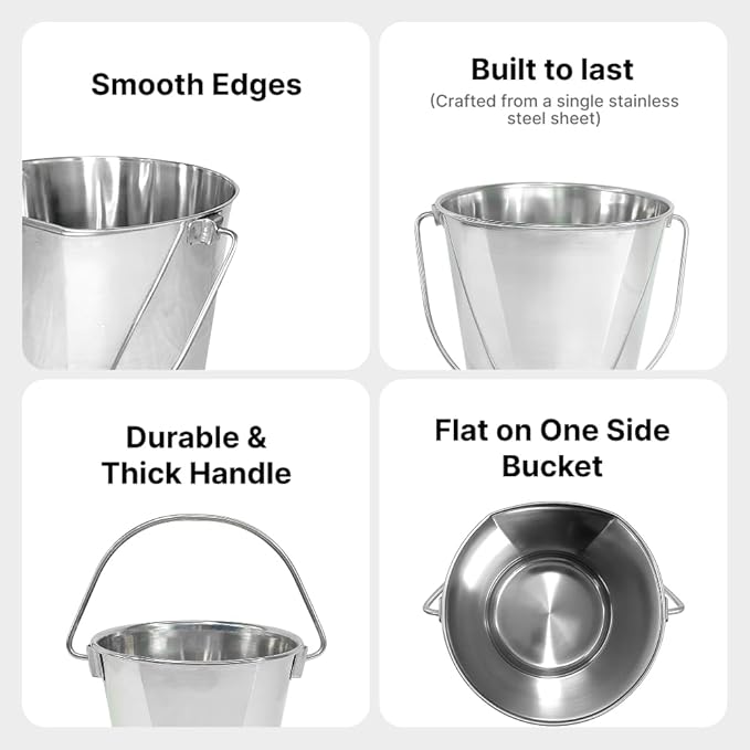 Heavy Duty Stainless Steel Bucket 2 Gallon - 9 Quart Flat Side Metal Bucket for Feeding & Watering Pets, Livestock & Cleaning - Perfect for Crates, Kennels, Cages & Hang on Fences