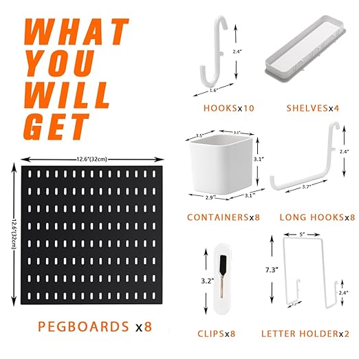 Peg Board Combination Kit, 8 Pegboards with 40 Accessories, Pegboard Wall Organizer for Office, Nursery & Home Storage, Key Holder, 51.2"x25.6" – Nail-Free Installation（Black）