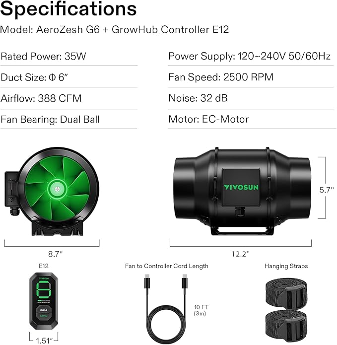 VIVOSUN G6 6" Inline Duct Fan & 3 Cycle Modes E12 Speed Controller, AeroZesh Grow Tent Kit Ventilation Fan with 388 CFM EC Motor, Programmable Exhaust Fan for Heating Cooling Booster, Hydroponics